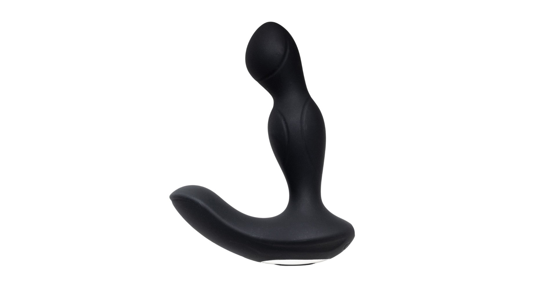 Body-safe silicone prostate massager with curved design, black anal plug on white background