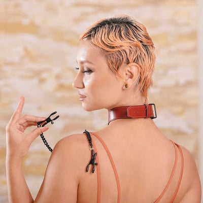 Saffron Collar with Nipple Clamps being worn
