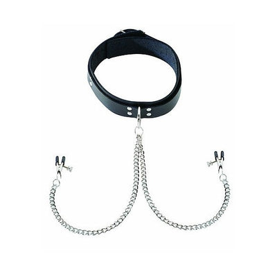 1.5" Inch Black Leather Collar With Nipple Clamps - Hamilton Park Electronics