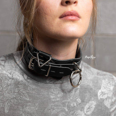 Locking 3 Ring Leather Collar on Model
