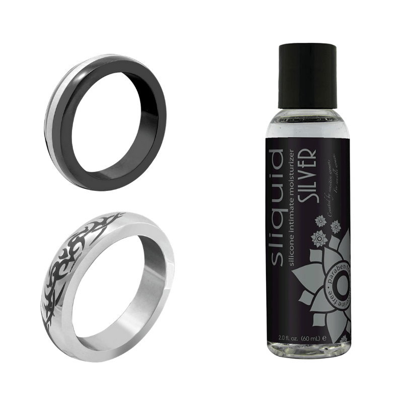 M2M Metal Cock Rings Exclusive Bundle: 2 C-Rings & Silicone Lubricant - Hamilton Park Electronics